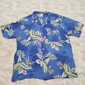 Islander Shirt Hawaiian Mens Large Blue Short Sleeve Button-Up Leaf Vacation